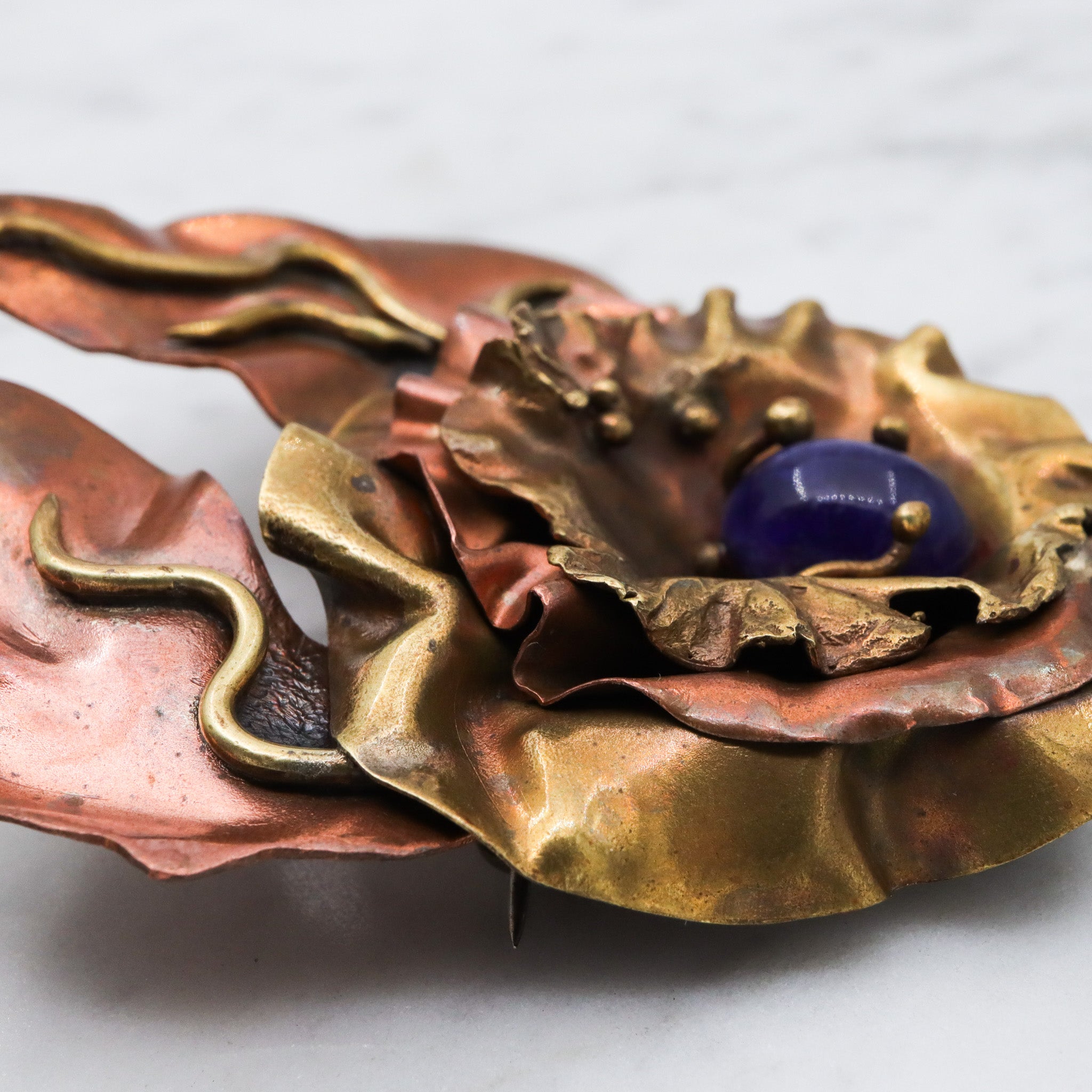 Large 80's brass & copper handmade brooch with sodalite center